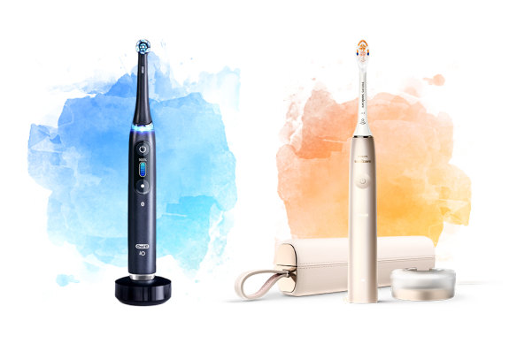The Oral-B iO 9 (left) and Philips Sonicare Prestige 9900 (right) are the brands’ most luxe smart toothbrush models.