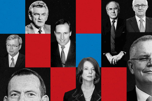 Clockwise from top left: Bob Hawke, Paul Keating, John Howard, Malcolm Turnbull, Scott Morrison, Julia Gillard, Tony Abbott, Kevin Rudd.