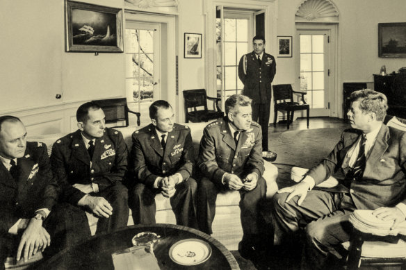 US president John F. Kennedy with generals in the White House during the Cuban missile crisis of 1962.