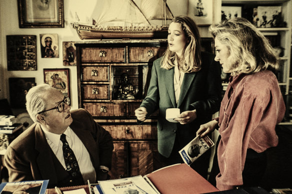 Jean-Marie Le Pen with two of his  daughters, Marine (centre) and Marie-Caroline, in 1992. 