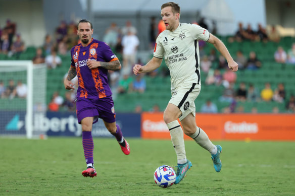 Ryan Kitto of Adelaide controls the ball at HBF Park.