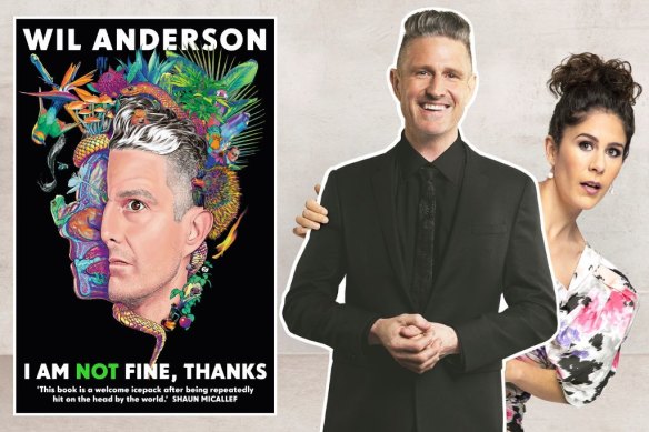 Anderson with Jan Fran on Question Everything and, inset, the cover of his book I Am Not Fine, Thanks.