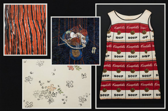 Works for sale at Sydney Contemporary include works by Emily Kame Kngwarreye, Suzanne Archer, Andy Warhol’s Flowers, and a Campbell’s Soup-inspired one-wear paper dress.