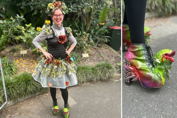 Putricia fan Anne visits the blooming corpse flower in her custom outfits and shoes at the Sydney Botanic Gardens on Thursday. 