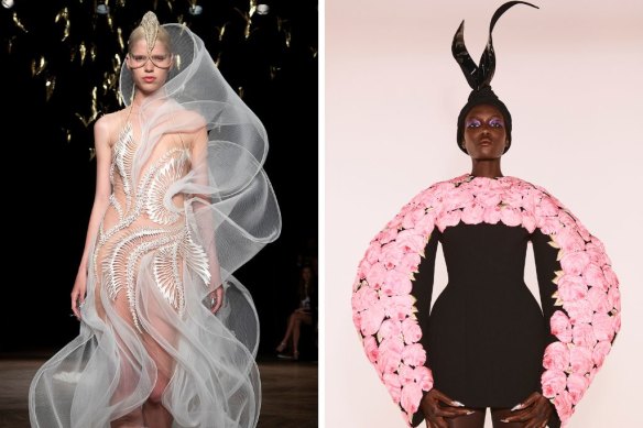 Iris van Herpen’s Ananda-Maya gown, 2022, left, and Schiaparelli’s Look 6 from the Matador Couture collection 2021-22 can be seen at this year’s Triennial.