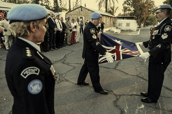Australian UN peacekeepers during a flag-lowering ceremony ending Australia’s police officer contribution to the UN Cyprus mission in 2017.
