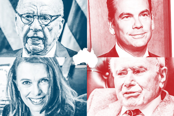 Clockwise from top left: Rupert Murdoch, Lachlan Murdoch, former PM John Howard, The Australian editor Michelle Gunn.