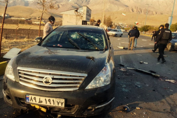 The car that Iran’s top nuclear scientist, Mohsen Fakhrizadeh, was driving before he was assassinated, east of Tehran, in 2020. 