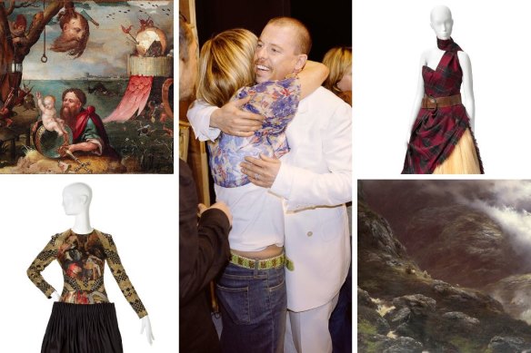 Jan Mandyn, Saint Christopher and the Christ Child, c. 1550 (detail, top left); Alexander McQueen, dress from Angels and Demons collection, AW 2010–11 (bottom left); McQueen (centre) backstage at Pantheon as Lecum collection, AW 2004–05; dress from The Widows of Culloden collection, AW 2006–07 (top right); Peter Graham, After the Massacre of Glencoe, 1889 (detail). 