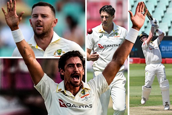Age will not weary them. Australia’s Test stars Mitchell Starc (front),  Josh Hazlewood (left), Pat Cummins, Steve Smith (right).
