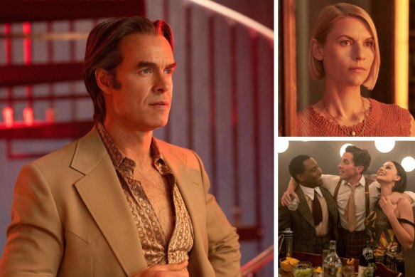 Clockwise from main: Murray Bartlett in Welcome to Chippendales, Claire Danes in Fleishman Is In Trouble and John David Washington, Christian Bale and Margot Robbie in Amsterdam.