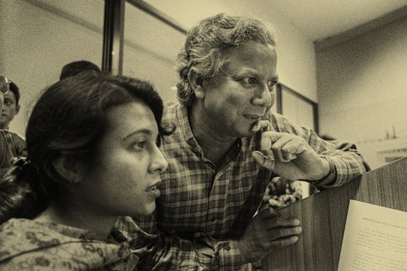 Microfinance entrepreneur Muhammad Yunus, who would go on to win a Nobel Peace Prize, in 1998 at the inauguration of a cyber centre in Dhaka. 