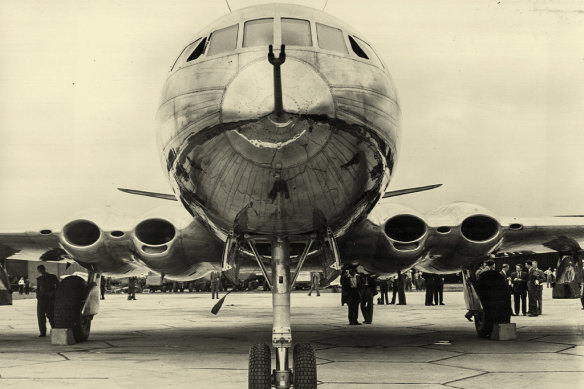 A “generation one” jet, a 1949 prototype of the de Havilland Comet turbojet airliner, built in Hertfordshire in Britain.  