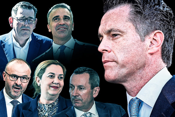 Main image: NSW Premier Chris Minns. Inset clockwise from top left: Dan Andrews (Victoria), Peter Malinauskas (SA), Mark McGowan (WA), Annastacia Palaszczuk (Queensland) and Andrew Barr (ACT).