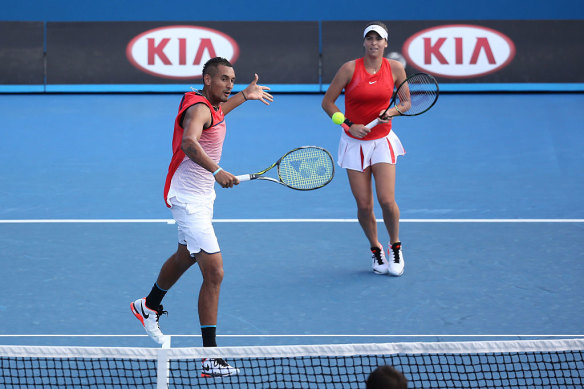 Tomljanovic playing mixed doubles with Nick Kyrgios at the 2016 Australian Open. She and Kyrgios dated in the mid-2010s.