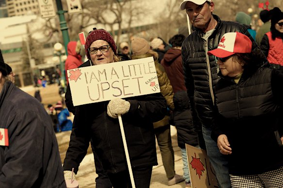 In typically polite fashion, Canadians protest against Trump. But note “Elbows Up!” in the bottom corner.