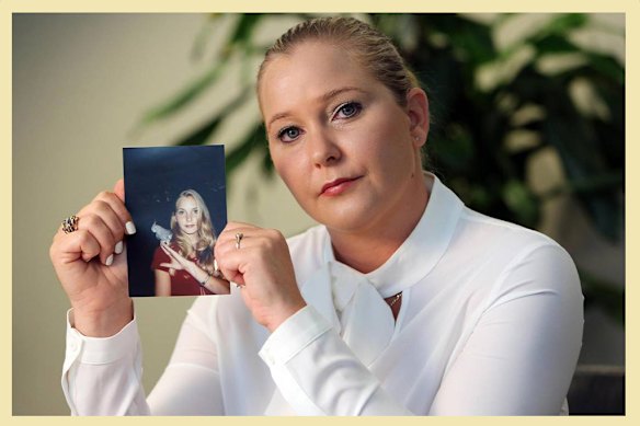 Virginia Giuffre in 2022, with a photo of herself as a teenager.
