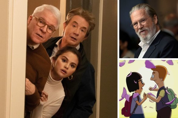 Clockwise, from left: Steve Martin, Martin Short and Selena Gomez in Only Murders in the Building, Jeff Bridges stars in The Old Man and The Bob’s Burgers Movie.