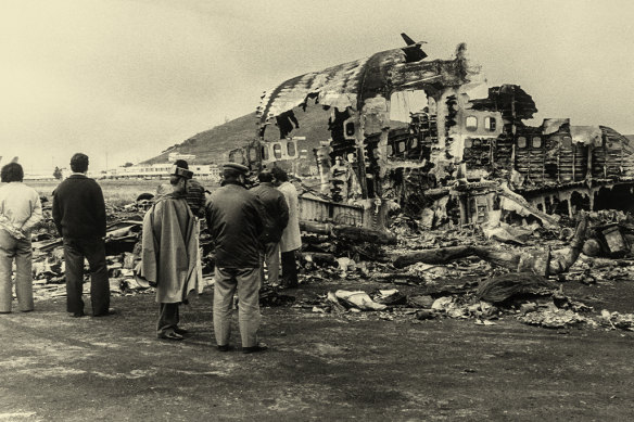 The wreckage of a jet after a catastrophic collision with another jet on the runway in Tenerife in 1977.