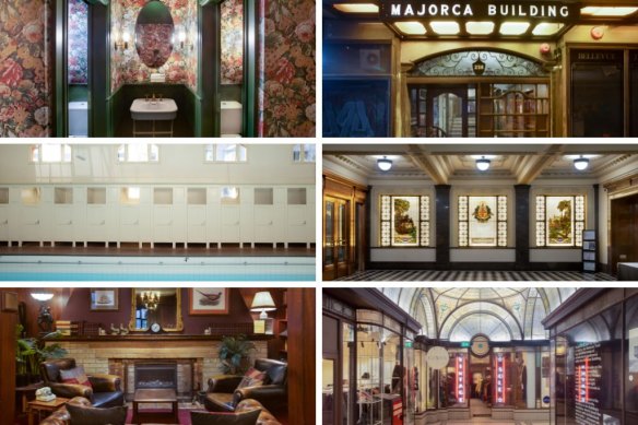 Among the local places that evoke the Wes Anderson style are, clockwise from top left, the Kelvin Club (also bottom left), the Majorca Building, Melbourne Town Hall, the Nicholas Building and the Melbourne City Baths.
