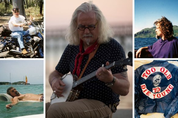 Clockwise from top left: Billy Connolly arriving in Adelaide on his Harley Davidson three-wheeler; playing his banjo in the US; monster-spotting on Loch Ness; a biker jacket made for his New Zealand tour; in Fiji in 1987. 