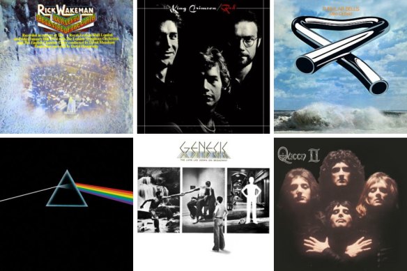 Clockwise from top left: Journey to The Centre of The Earth; Red; Tubular Bells; Queen II; The Lamb Lies Down On Broadway; The Dark Side of the Moon.