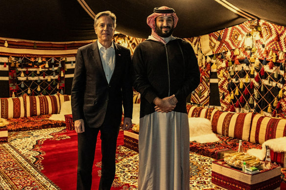 US Secretary of State Antony Blinken meets with the crown prince in January, part of a week of meetings between Blinken and regional leaders amidst the Israel-Hamas war. 