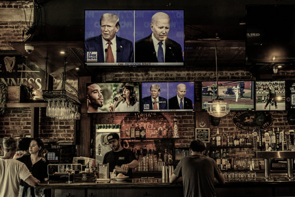 Business is quiet at a bar in California as the first presidential debate between  President Joe Biden and former president Donald Trump is televised on June 27.