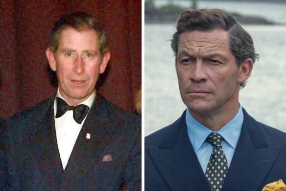 Prince Charles in 1998 and Dominic West in The Crown.
