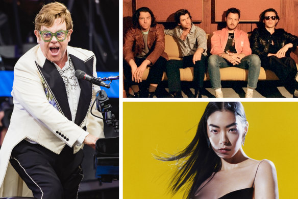 Clockwise from left: Elton John, the Arctic Monkeys and Rina Sawayama.