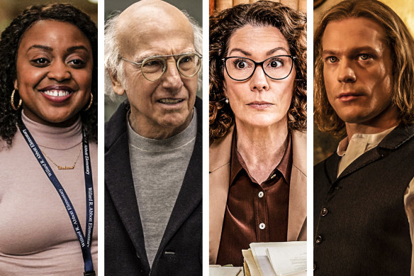 Returning shows in 2024: (from left) Quinta Brunson in Abbott Elementary; Larry David in Curb Your Enthusiasm; Kitty Flanagan in Fisk; and Sam Reid in Interview with a Vampire.