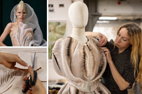 Clockwise from main: Iris van Herpen with a dress from her 2016 collection in her Amsterdam atelier; a staff member works with laser cut fabric frames; the Ananda-Maya gown features in this year’s Triennial.