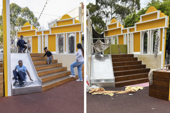 How Maribyrnong Council promoted the Nicholson Street Mall playground in Footscray (left); and the playground before it was removed.