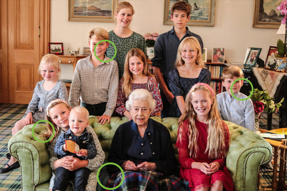 The portrait appears to show several inconsistencies, including a vertical inconsistency on Queen Elizabeth’s skirt; dark shadows next to the heads of Prince Louis and Prince George; and signs of digital repetition of Mia Tindall’s hair.
