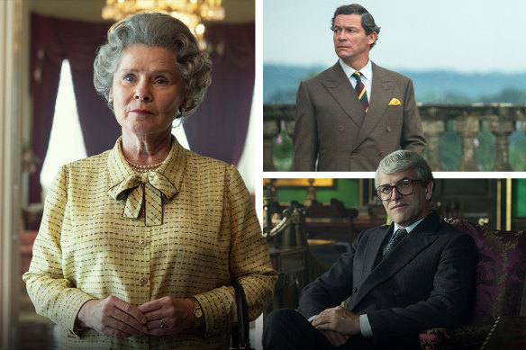 Imelda Staunton (left), Dominic West (top right), and Jonny Lee Miller (bottom right) in The Crown season five.