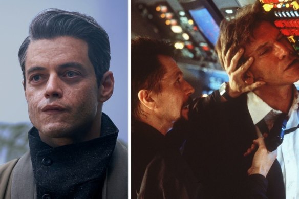 Rami Malek as James Bond’s nemesis Lyutsifer Safin in No Time to Die (left) and Gary Oldman’s villain Ivan Korshunov holds the US President, played by Harrison Ford, hostage in Air Force One (right).
