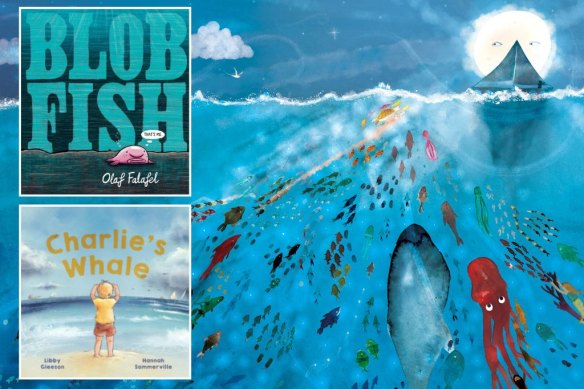 Main: Claire Saxby’s Whisper the Wind features frothy, light watercolour illustrations by Jess Racklyeft. Inset (from top): Blob Fish and Charlie’s Whale.