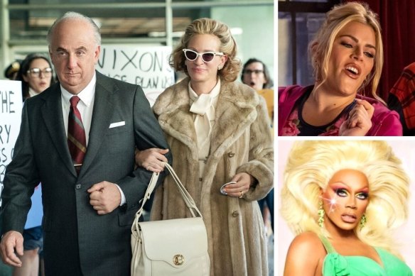 Clockwise from main: Sean Penn and Julia Roberts in Gaslit, Busy Philipps in Girls5eva and RuPaul.