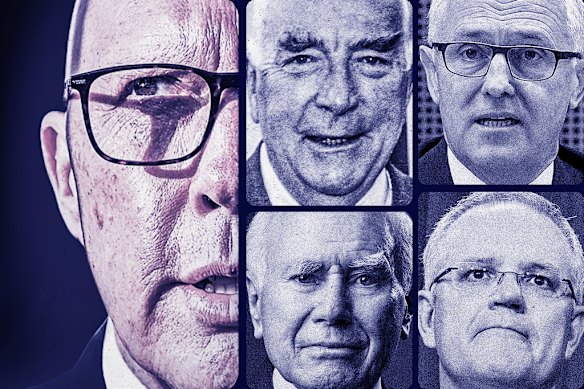 Liberal leaders (clockwise from left) Peter Dutton, Sir Robert Menzies, Malcolm Turnbull, Scott Morrison and John Howard. 