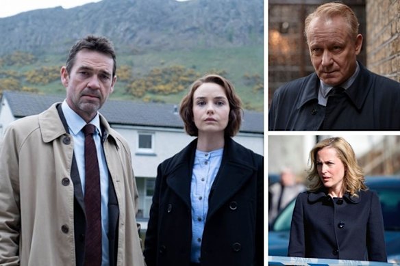 Clockwise, from main: Dougray Scott and Joanna Vanderham in Crime, Stellan Skarsgard in River and Gillian Anderson in The Fall.
