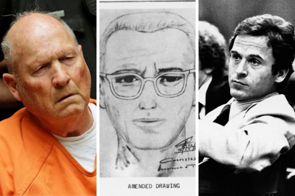 Top 3 bogeymen: from left, the Golden State Killer, an identikit image of the Zodiac Killer and Ted Bundy in court.