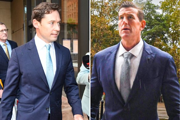 Nick McKenzie and Ben Roberts-Smith outside the Federal Court in Sydney on Thursday.