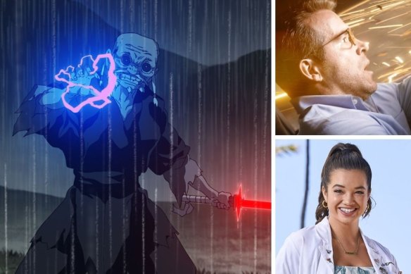Clockwise from main: Star Wars Visions, Ryan Reynolds in Free Guy and Peyton Elizabeth Lee in Doogie Kamealoha, M.D.