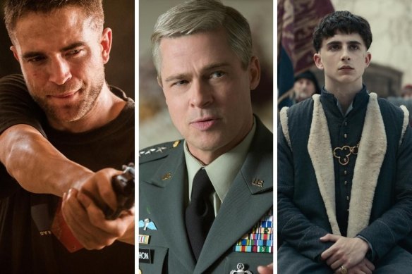 From left: Robert Pattinson in The Rover (2014), Brad Pitt in War Machine (2017) and Timothee Chalamet in The King (2019).