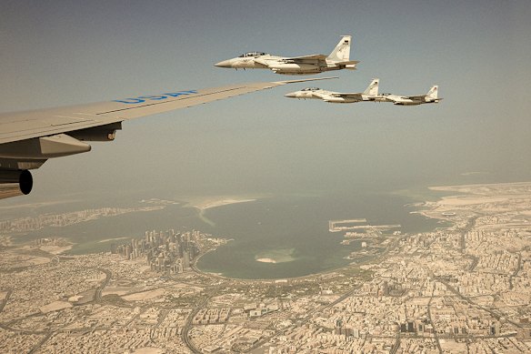 Qatari jets escort Air Force One, with Donald Trump on board, into Doha in May. 