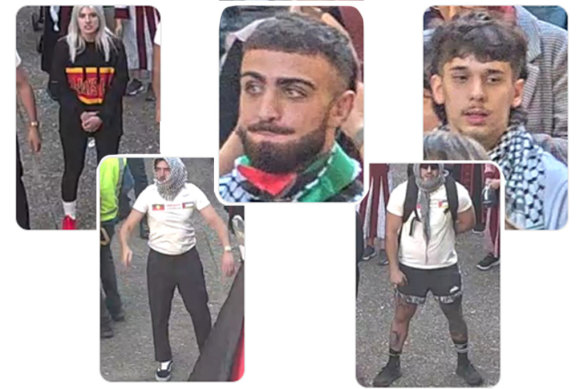 NSW Police have released photographs of five people they say could have information about an alleged assault during a pro-Palestine rally at the Opera House on October 9.