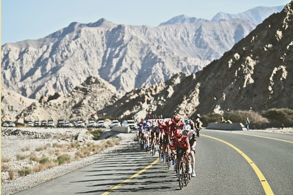 Cyclists in the UAE Tour, which attracts top-notch international cycling teams, competing in a leg in the emirate of Ras Al Khaimah.