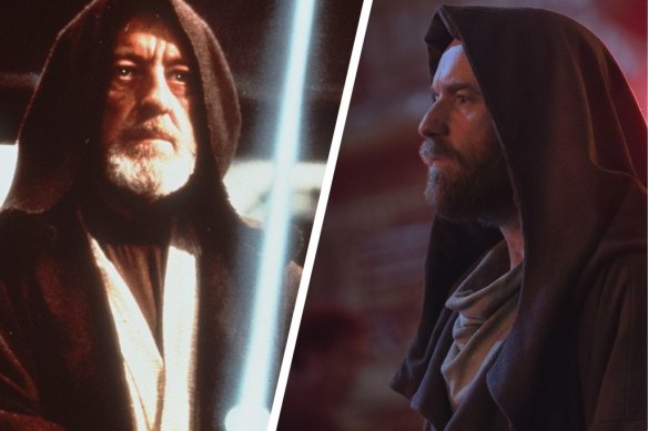 Sir Alec Guinness as Obi-Wan Kenobi in the 1977 Star Wars film and, right, McGregor as Obi-Wan Kenobi in the new Disney+ series.