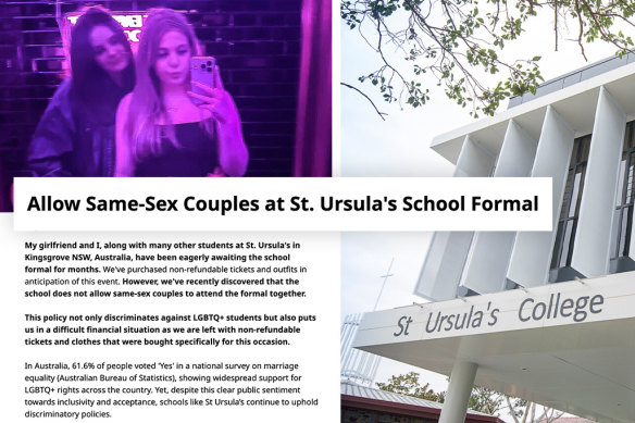 A change.org petition that has garnered thousands of signatures is calling for Sydney’s St Ursula’s College to allow same-sex couples at the formal.