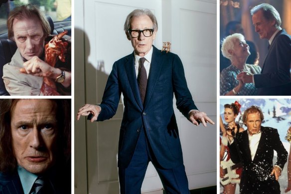 Clockwise from main: Bill Nighy in LA in January; with Judi Dench in The Best Exotic Marigold Hotel; in Love Actually; as Minister Rufus Scrimgeour in Harry Potter and the Deathly Hallows; in Shaun of the Dead.